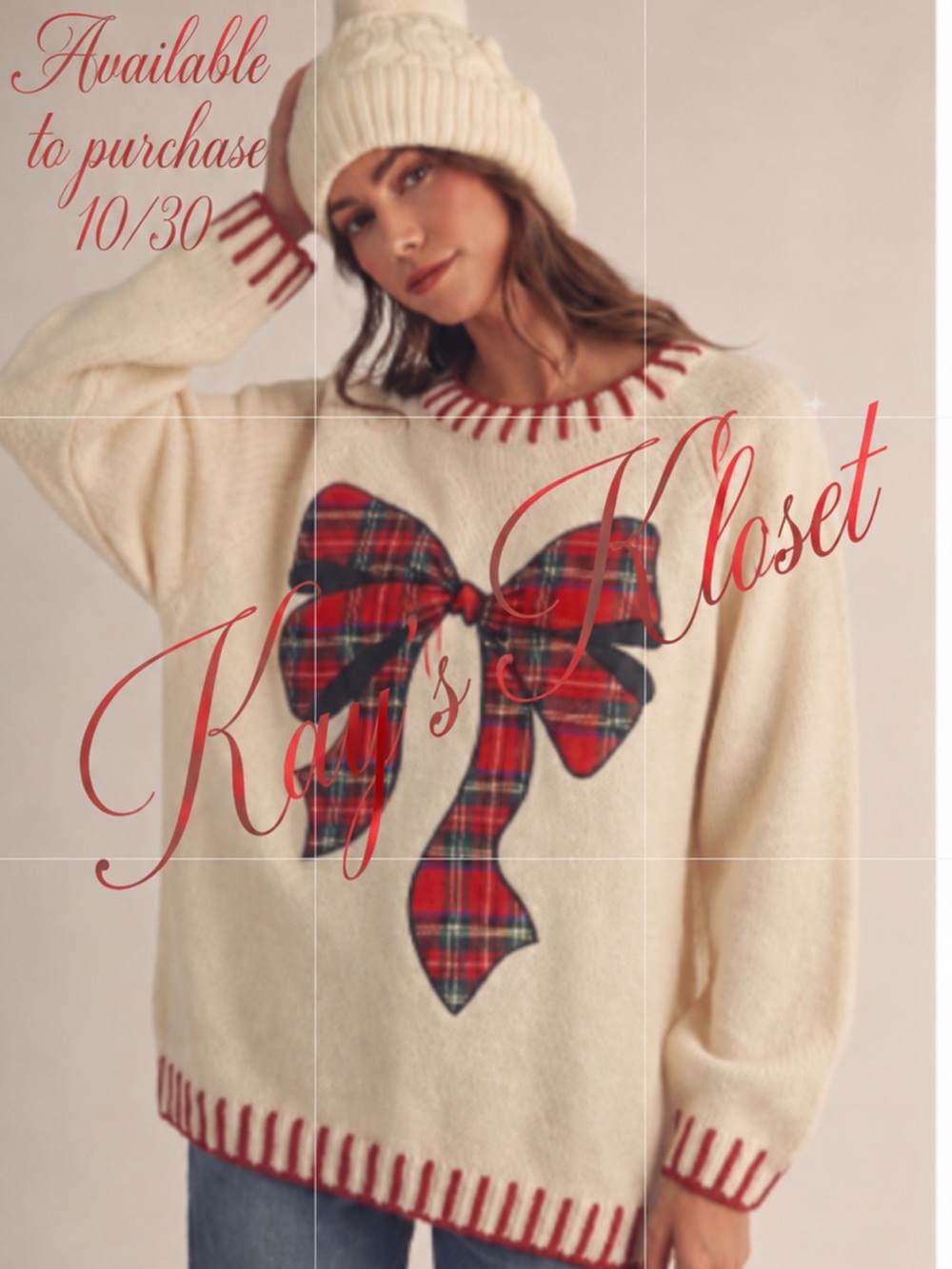 W18-(💚❤️🎄 ETA 10/30)Plaid Bow Crewneck Sweater - Cream or Green.